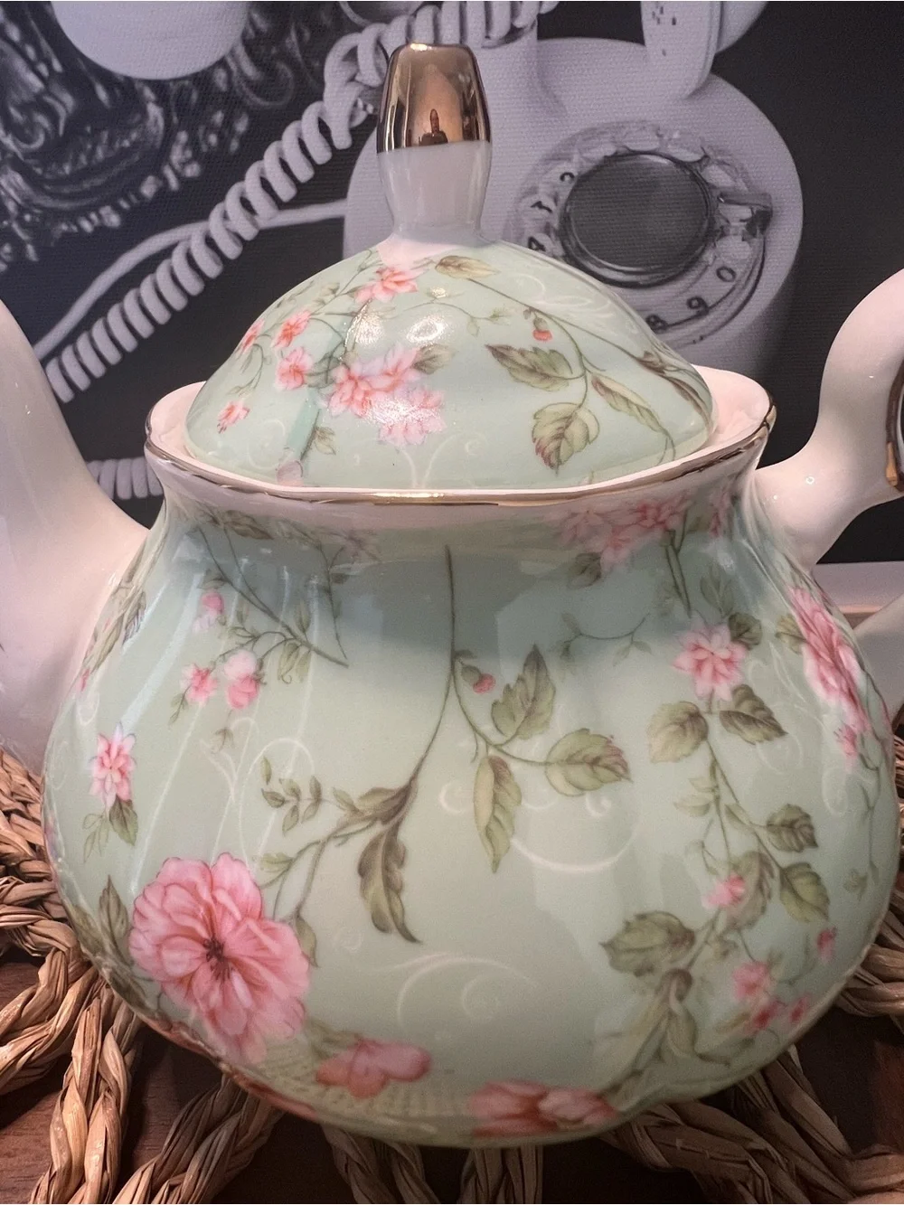Vintage Floral Porcelain Teapot - Mint Green with Pink Flowers